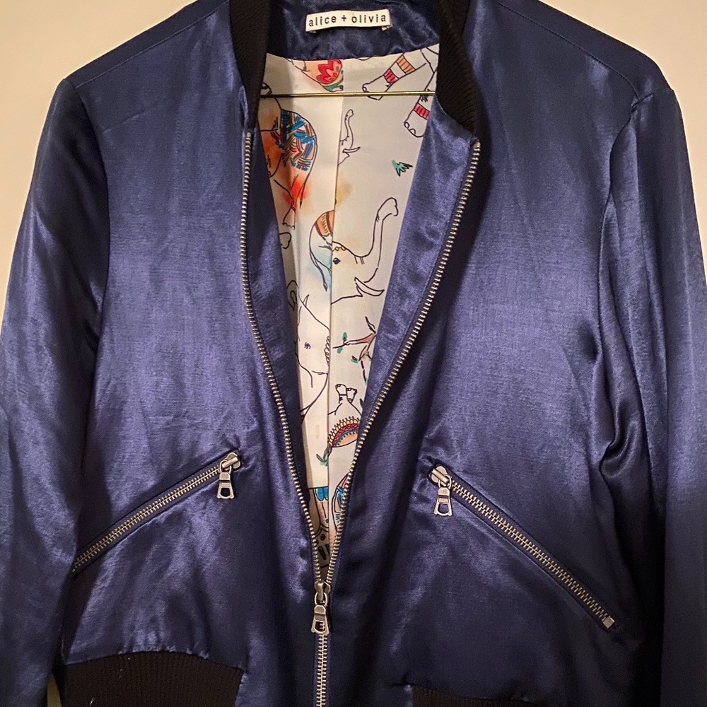 Olive and Olivia blue silk bomber jacket